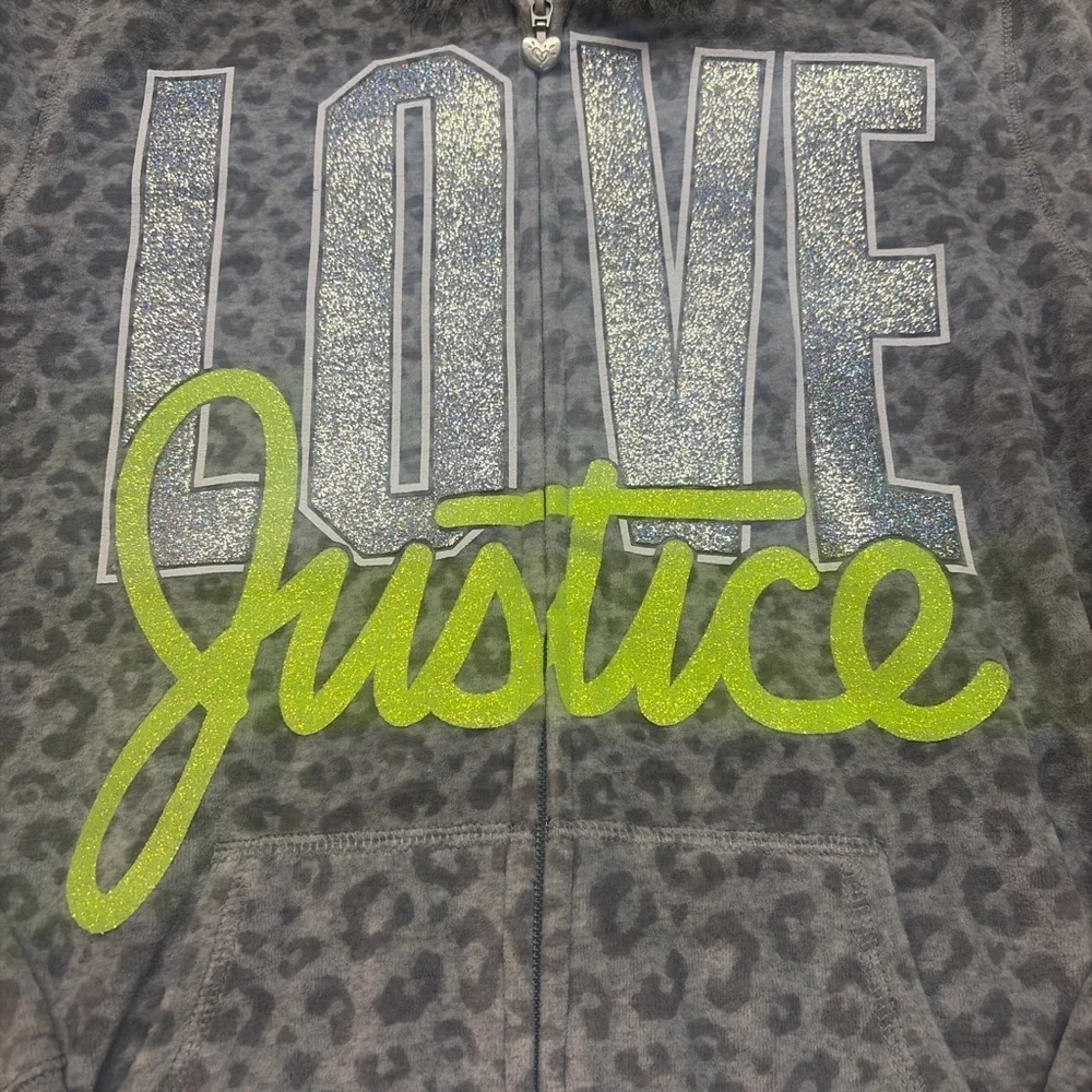 Justice Girls' Grey Leopard Print 'LOVE Justice' Zip Hoodie w Faux Fur Hood 0704